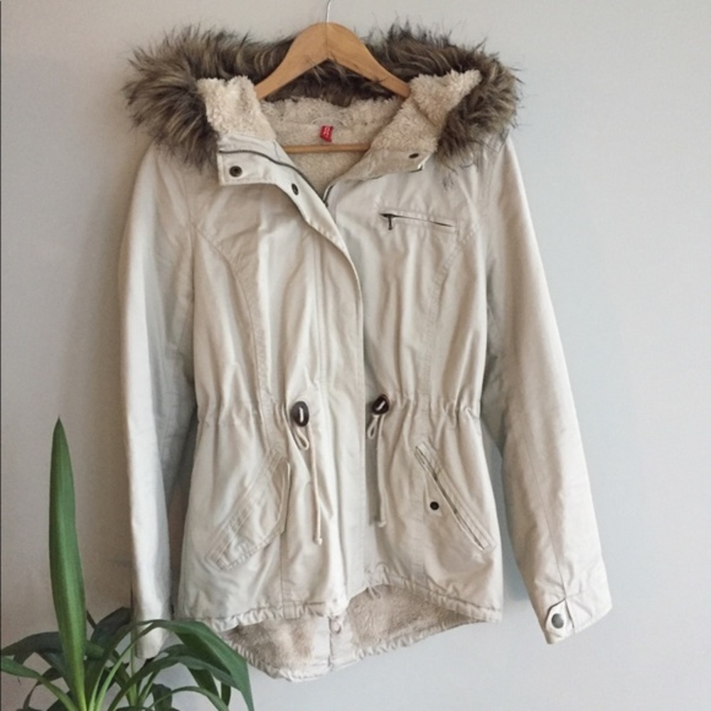 H&M Parka coat jacket with faux fur Large